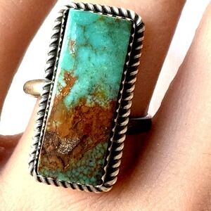 Navajo Turquoise Ring Adjustable Sz 8 Signed Tia Long Rectangle Sterling Native